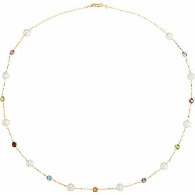 Pearl & Multi Gemstone Station Necklace